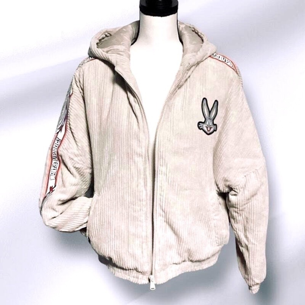 Looney Toons Members Only Bugs Bunny Corduroy Puffer Jacket in Taupe - Large